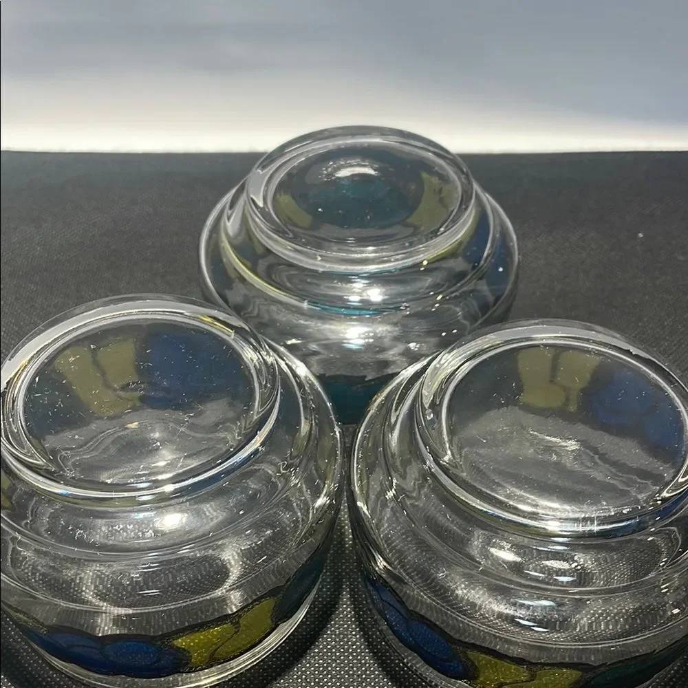 Set of Three Glass Candle Holders with Blue and Yellow Design